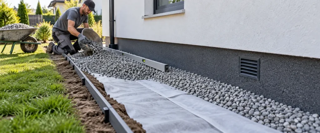 Wykonywanie żwirowej opaski ze spadkiem przy elewacji domu