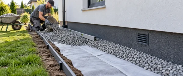 Wykonywanie żwirowej opaski ze spadkiem przy elewacji domu