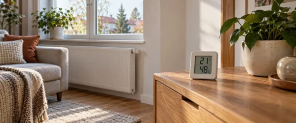 Termohigrometr pokazujący 21°C i 48% wilgotności w salonie