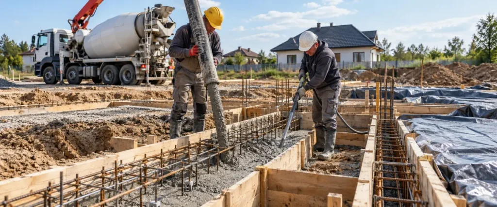 Betonowanie zbrojonej ławy fundamentowej za pomocą pompy