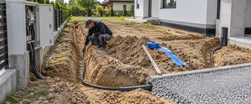 Kontrola kabla ziemnego w wykopie między skrzynką a domem