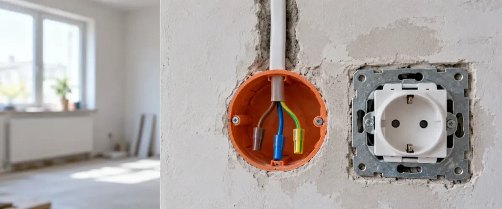 Przewód YDYp 3×2,5 mm² doprowadzony do puszki gniazda