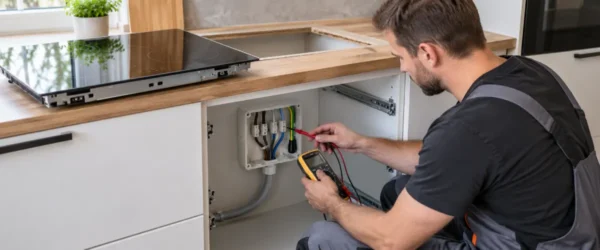 Elektryk sprawdzający pięciożyłowy przewód przy puszce płyty indukcyjnej