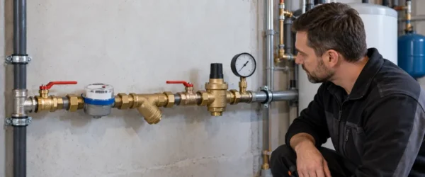 Hydraulik kontrolujący reduktor ciśnienia i manometr za wodomierzem