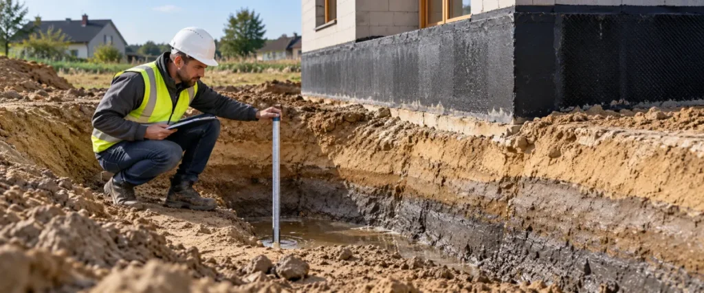 Geotechnik ocenia grunt i wodę przy odsłoniętym fundamencie