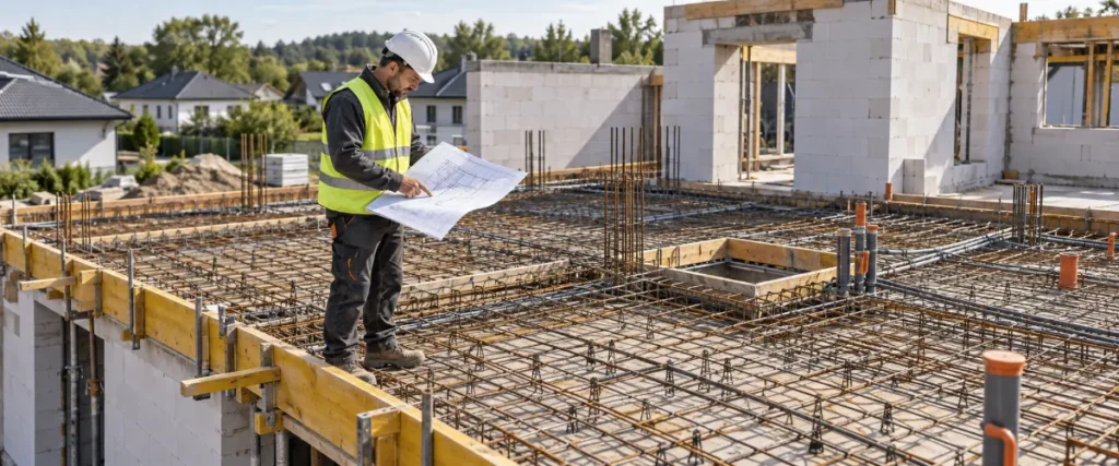 Kierownik budowy sprawdzający zbrojenie stropu przed betonowaniem
