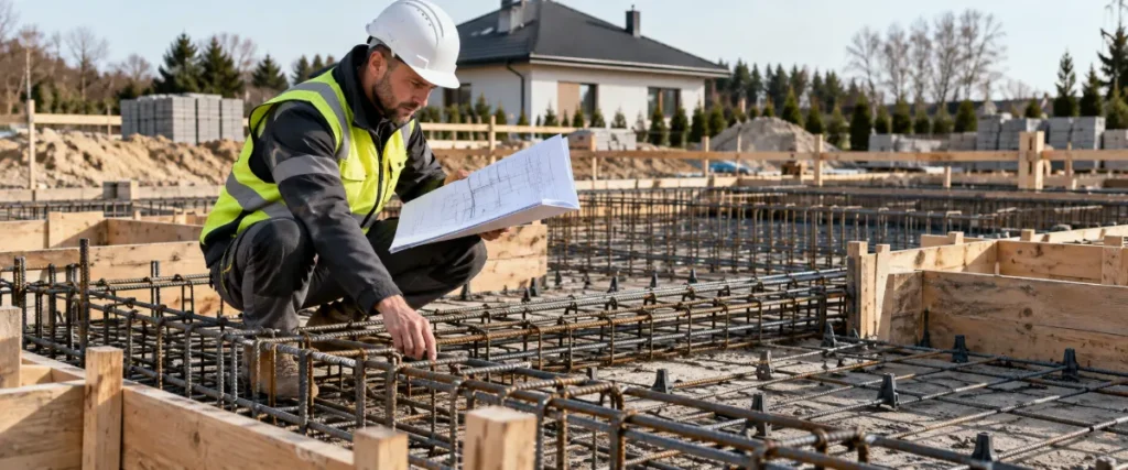 Kierownik budowy sprawdzający zbrojenie fundamentów przed betonowaniem