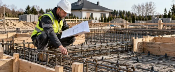 Kierownik budowy sprawdzający zbrojenie fundamentów przed betonowaniem