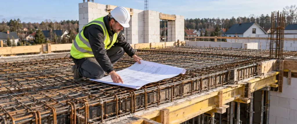 Kierownik budowy kontrolujący zbrojenie stropu przed betonowaniem