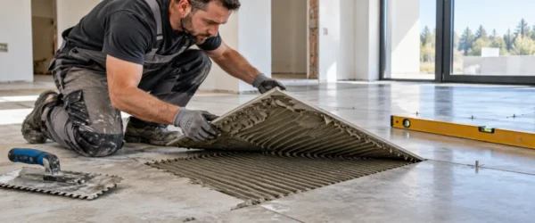 Kontrola pokrycia dużej płytki świeżą zaprawą klejową