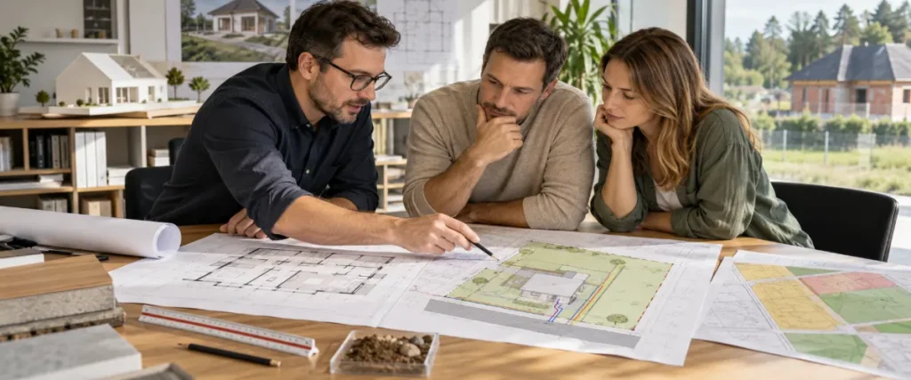 Architekt omawia z inwestorami usytuowanie domu na mapie działki