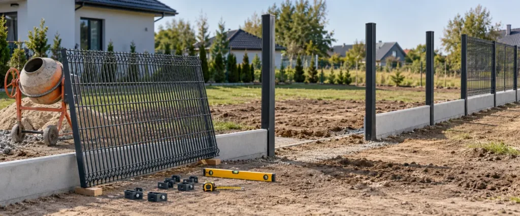 Montaż paneli ogrodzeniowych na słupkach z betonową podmurówką