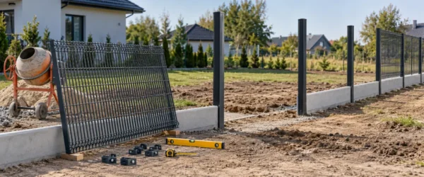 Montaż paneli ogrodzeniowych na słupkach z betonową podmurówką