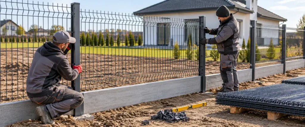 Montaż panelu 3D między słupkami z prefabrykowaną podmurówką