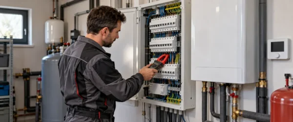 Elektryk kontrolujący rozdzielnicę zasilającą ogrzewanie domu