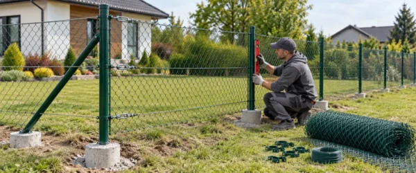 Montaż siatki ogrodzeniowej na słupkach z podporą i drutami naciągowymi