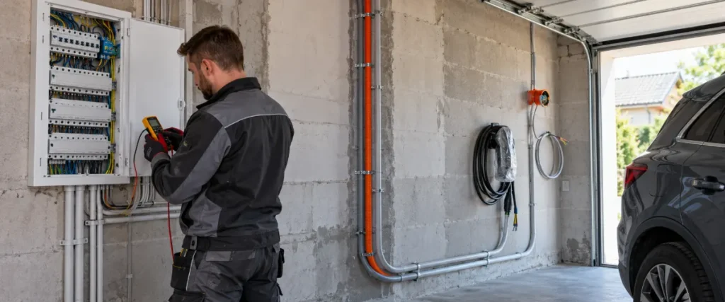 Elektryk sprawdzający instalację przygotowaną pod wallbox w garażu