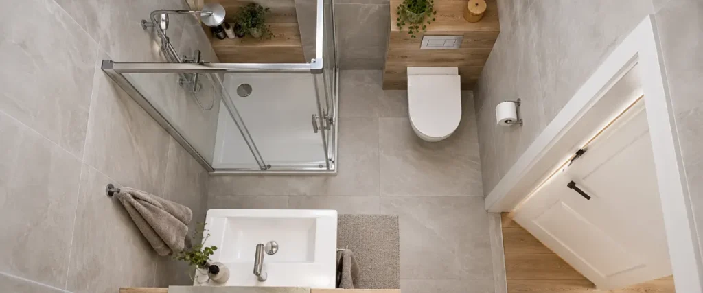 Łazienka 2 × 2 m z narożną kabiną, WC i umywalką