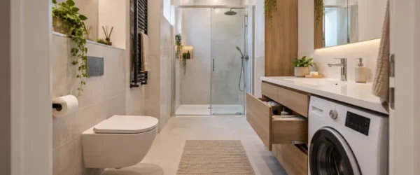 Łazienka 2 × 3 m z dużym prysznicem, WC, umywalką i pralką