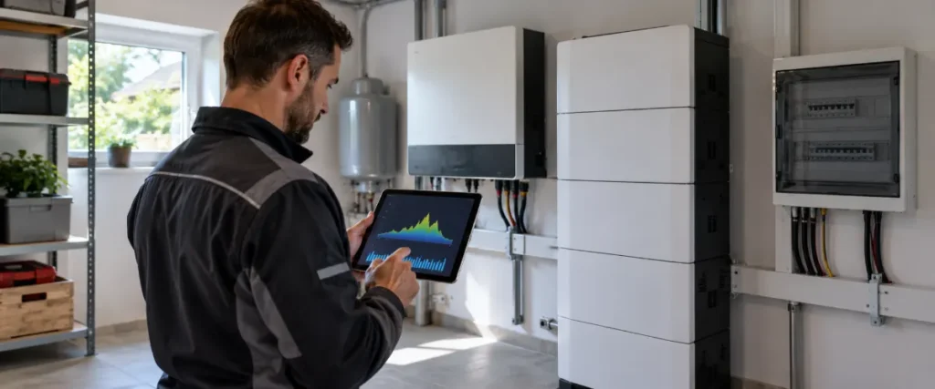 Instalator sprawdzający modułowy magazyn energii i falownik