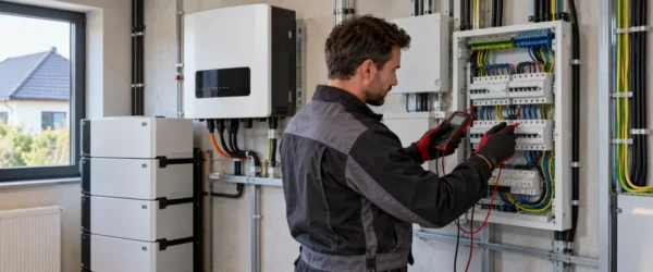 Elektryk sprawdzający rozdzielnicę odbiorów krytycznych przy magazynie energii