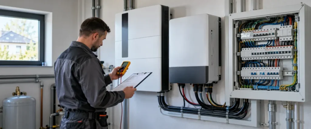 Elektryk kontrolujący domowy magazyn energii i dokumentację odbioru