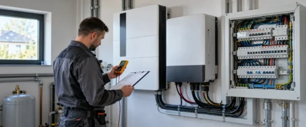 Elektryk kontrolujący domowy magazyn energii i dokumentację odbioru