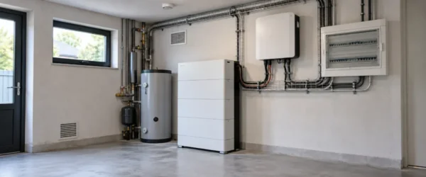 Magazyn energii i falownik w uporządkowanym pomieszczeniu technicznym