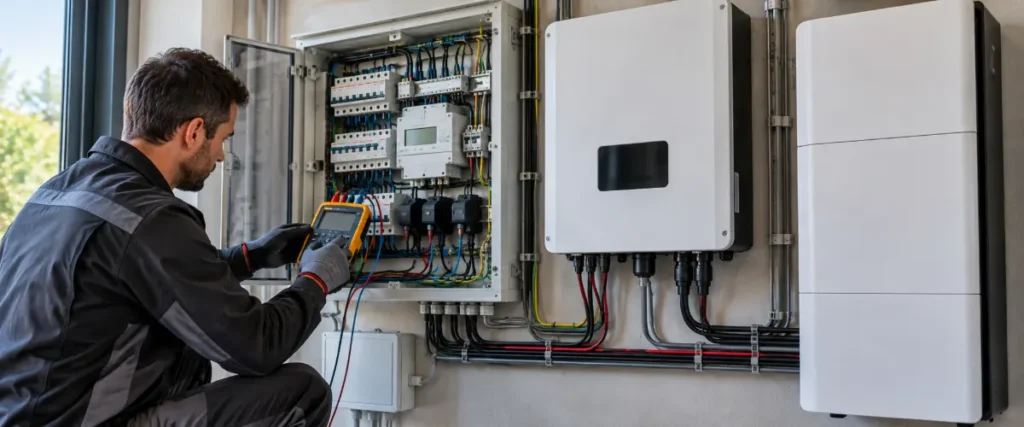 Elektryk sprawdza licznik i przekładniki CT przy magazynie energii