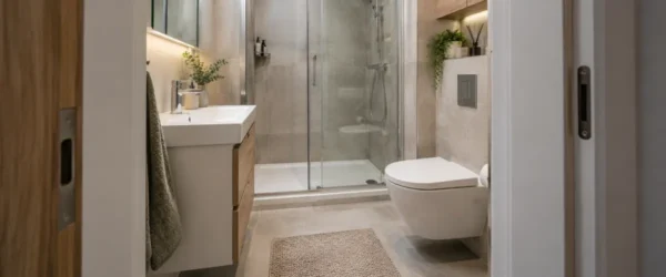 Łazienka 3 m² z prysznicem, krótkim WC i kompaktową umywalką