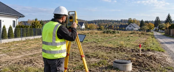 Geodeta mierzący działkę tachimetrem przed projektowaniem domu