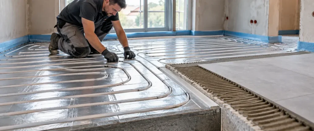 Rura ogrzewania podłogowego ułożona w suchych panelach aluminiowych