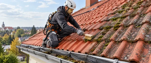 Dekarz w uprzęży usuwa mech z ceramicznej dachówki