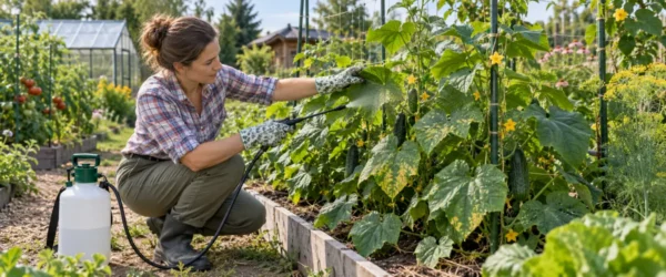 Drobnokroplisty oprysk ogórków z kanciastymi plamami na liściach