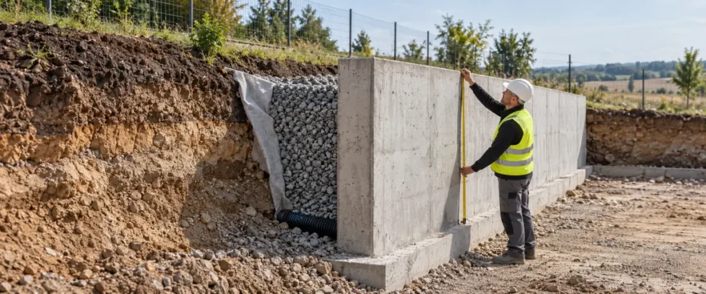 Pomiar wysokości betonowej konstrukcji oporowej od niższej strony terenu