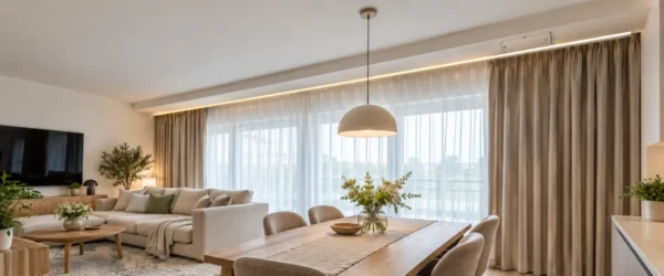 Jasny salon z matowym sufitem, linią LED i lokalną zabudową