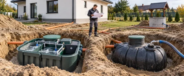 Oczyszczalnia biologiczna i szczelne szambo przygotowane do montażu na działce