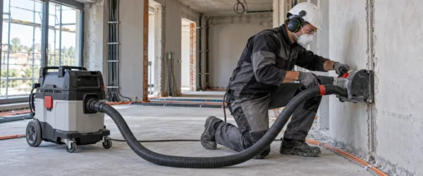 Odkurzacz klasy M podłączony do bruzdownicy podczas cięcia betonowej ściany