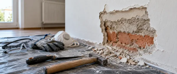 Ubytek tynku odsłaniający warstwy wykończenia i ceglaną ścianę