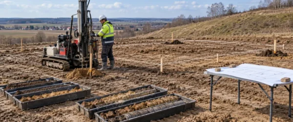 Geotechnik wykonujący odwiert w obrysie przyszłego domu