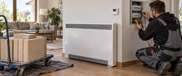 Elektryk sprawdzający zasilanie pieca akumulacyjnego w salonie