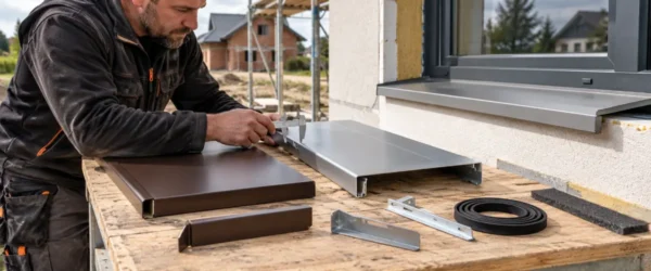 Stalowy i aluminiowy parapet z zakończeniami oraz wspornikiem