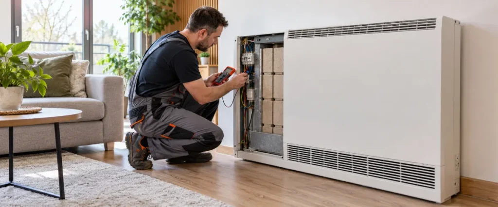 Montaż elektrycznego pieca akumulacyjnego z ciężkimi wkładami