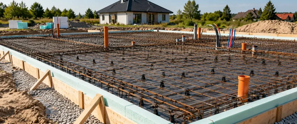 Zbrojenie, izolacja obrzeża i przepusty płyty przed betonowaniem