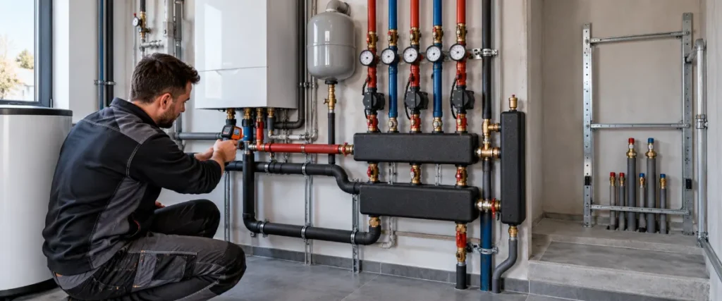 Instalator mierzący temperaturę instalacji grzewczej przy kotle gazowym