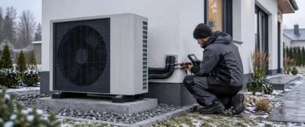 Instalator sprawdzający pompę ciepła przy ocieplonym domu