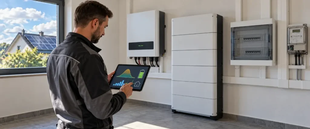 Magazyn energii i falownik z planem produkcji PV na tablecie