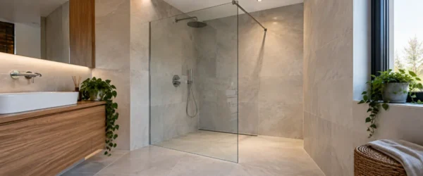 Narożny prysznic walk-in z szybą i odpływem przy ścianie
