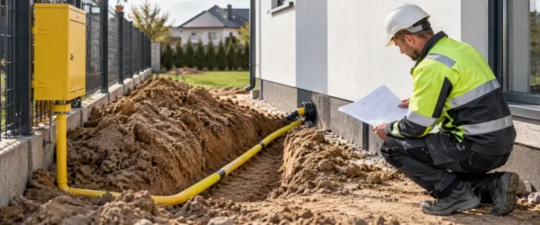 Instalator sprawdzający przewód gazowy w wykopie od skrzynki do domu