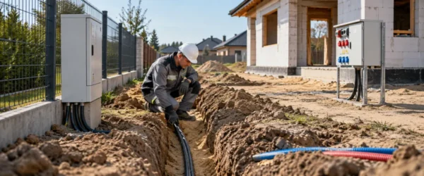 Elektryk kontrolujący kabel WLZ w wykopie między złączem a budynkiem